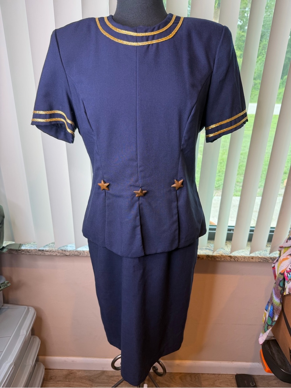 Vintage Studio C Navy Blue One-Piece Skirt Set Gold Trim Star Buttons Size 12